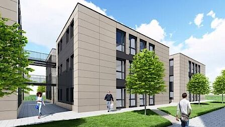 Een eerste ontwerp van hoe het wooncomplex voor de huisvesting van tijdelijke werknemers eruit kan gaan zien.